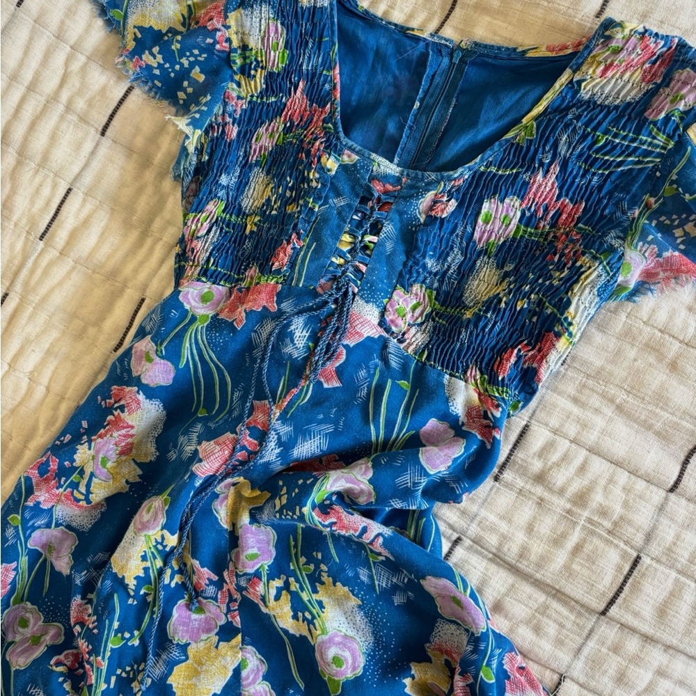 Floral Blue Dress with Smocked Bodice